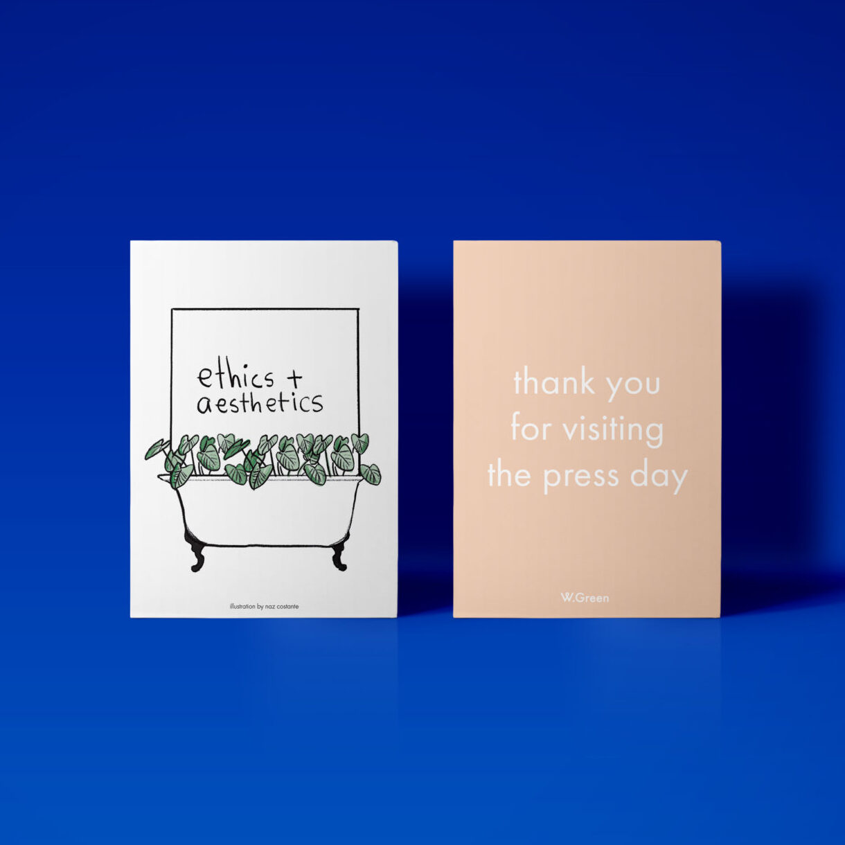 ethics + aesthetics board in a bath tub with plants illustration thank you card